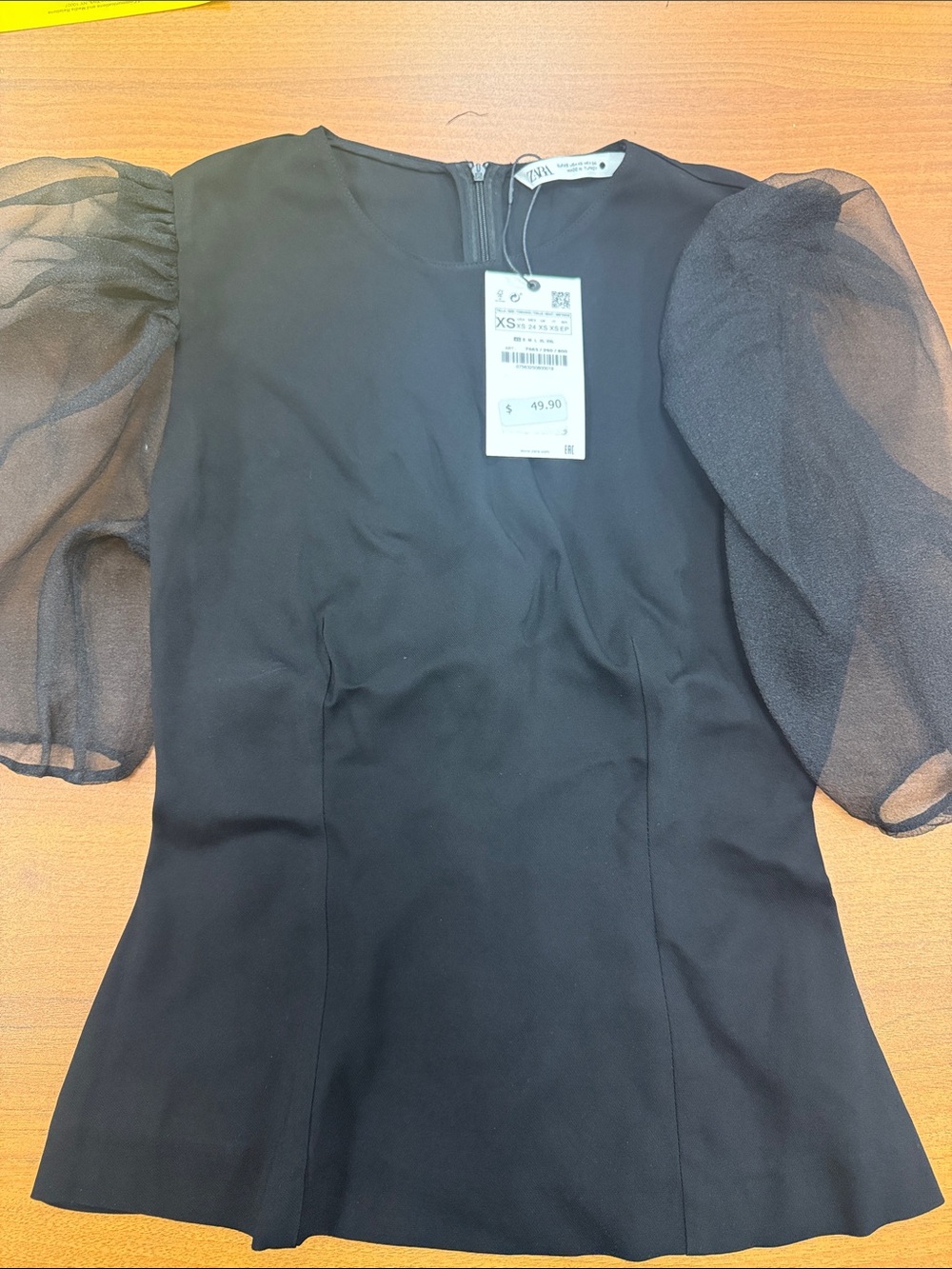 Zara Black Sheer Puff-Sleeve Tunic Top